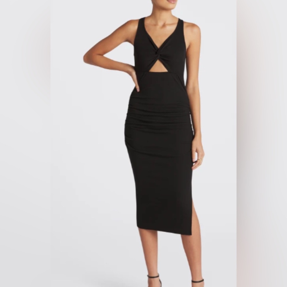 Michael Stars Black Ribbed & Ruched Cut Out Guilia Midi Dress!